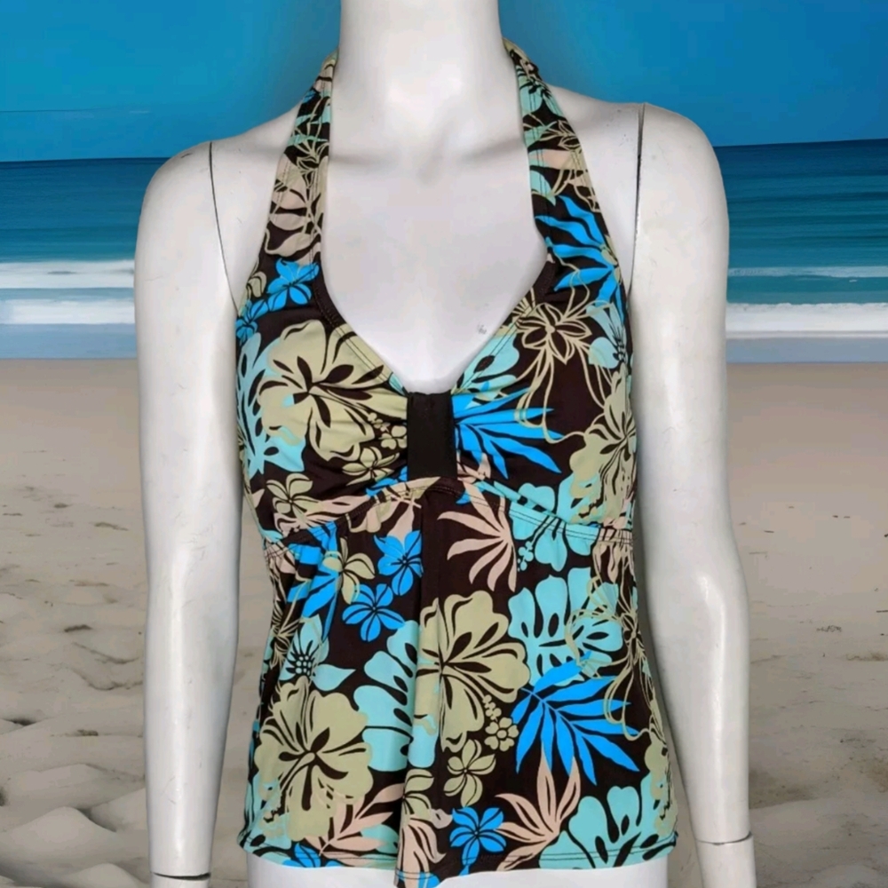 Floral Halter Neck Swim Top - Blue and Brown